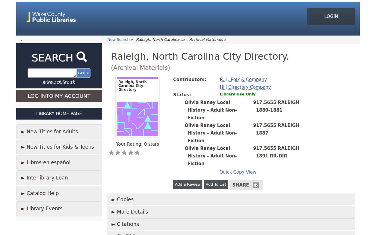 Morrisville previous residents research through Olivia Raney city-directory holdings