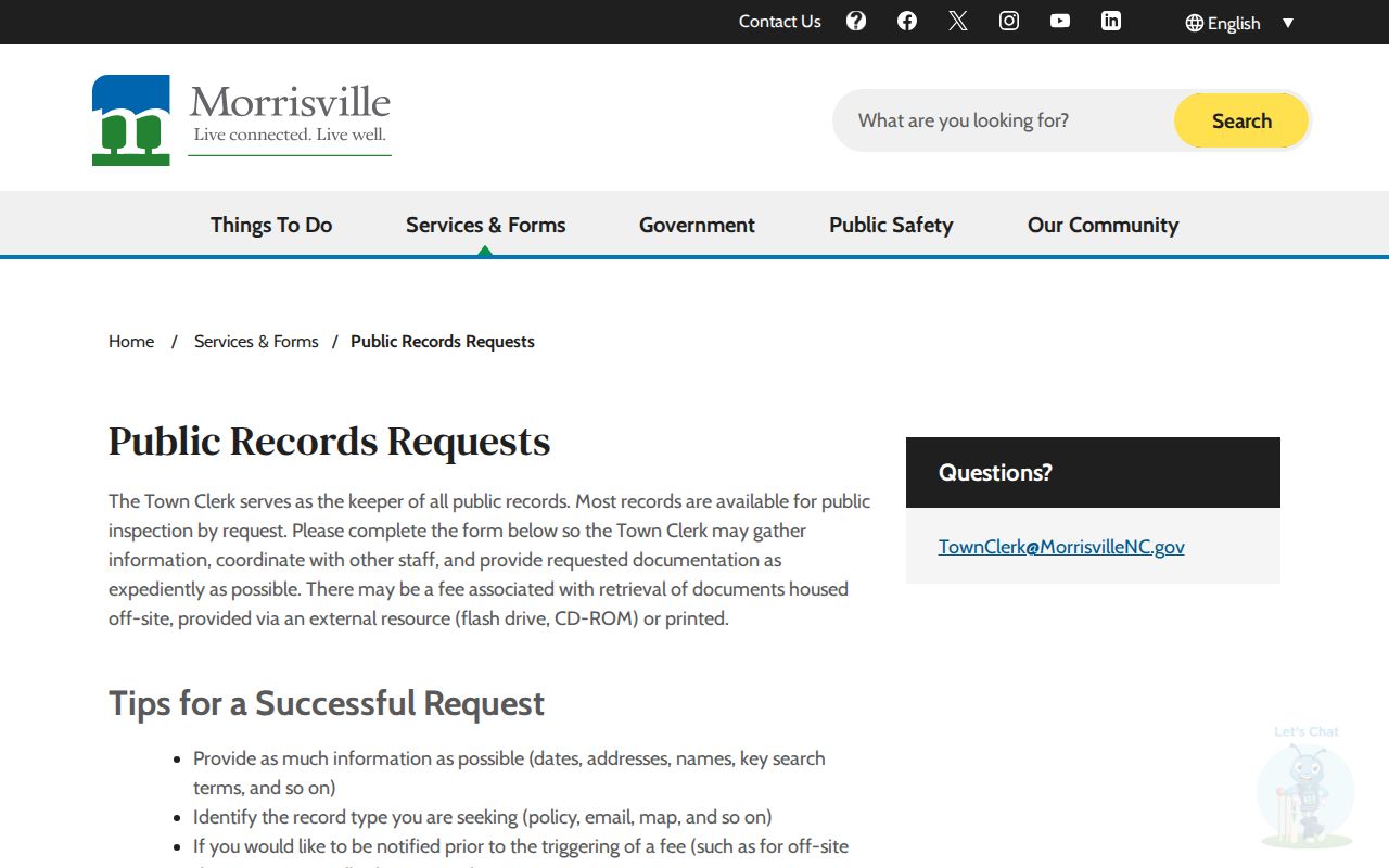 Morrisville residents directory public-records request routes